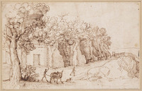 K V 024
<br/>
Woningen in rotswand, op voorgrond ezel en figuren
<br/>
<em>Allegrini, Francesco (1624-1684)</em>